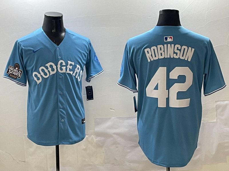 Men Los Angeles Dodgers 42 Robinson Light Blue Joint Name 2025 Nike MLB Jersey style 15